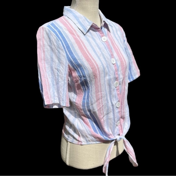 🌻Alexia Admor Blue Pink Linen Striped Button-Up Tie Short Sleeve Top Size 6 - Picture 6 of 11